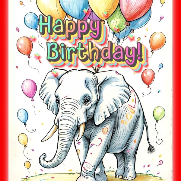 Happy Birthday Elephant with Balloons Card A5