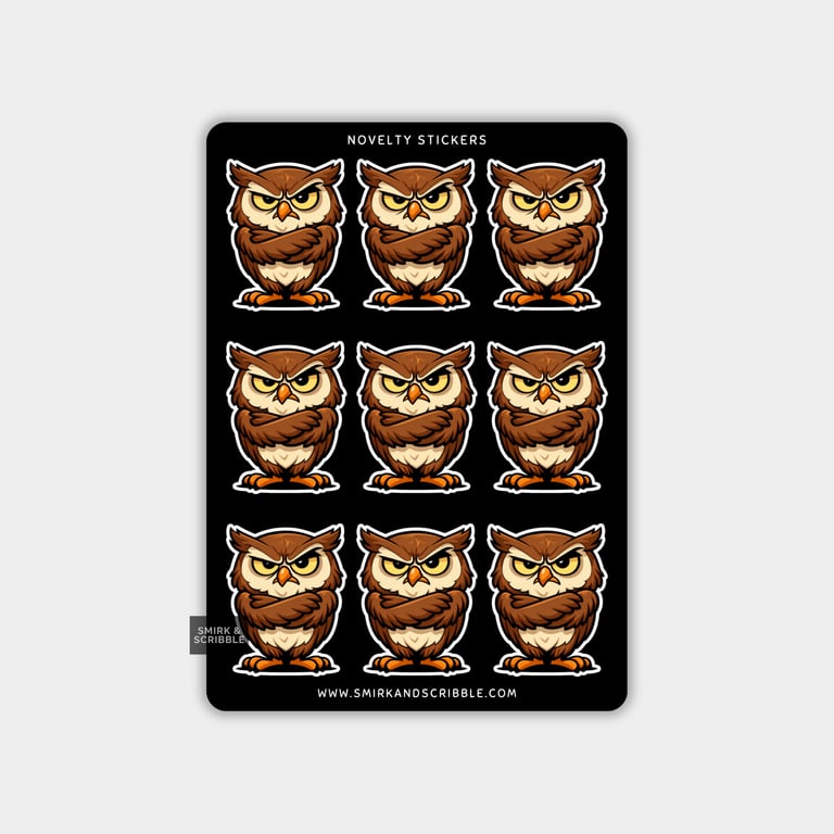 Funny Vinyl Sticker Sheet For Adults - Grumpy Owl