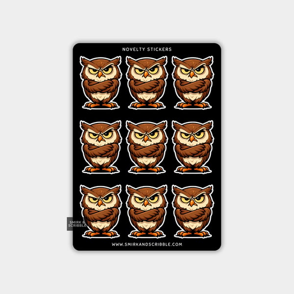 Funny Vinyl Sticker Sheet For Adults - Grumpy Owl