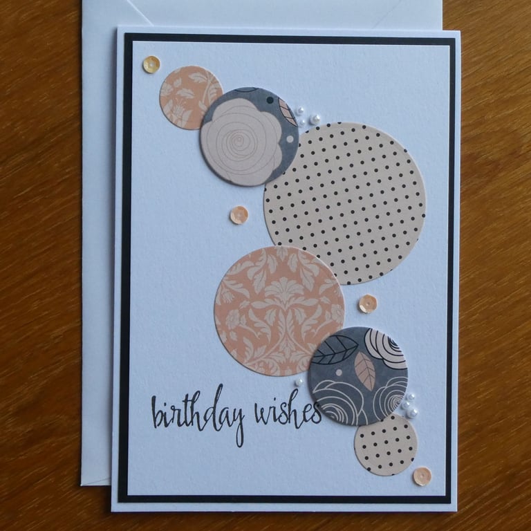 Large Birthday Card - Peach & Grey Floral Circles