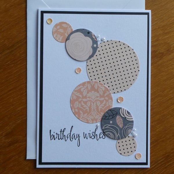 Large Birthday Card - Peach & Grey Floral Circles
