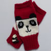 Panda Fingerless gloves , knitted red wool wrist warmers