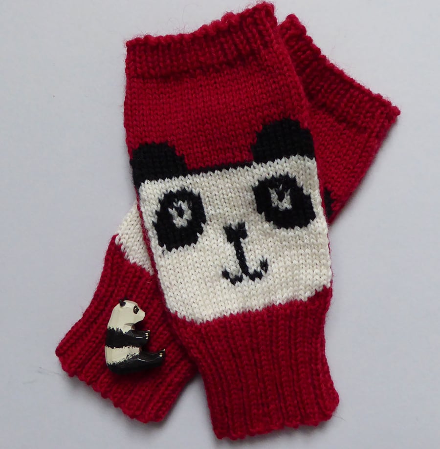 Panda Fingerless gloves , knitted red wool wrist warmers