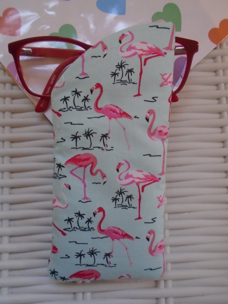 Green Pink Flamingo Glasses Case Lined & Padded 