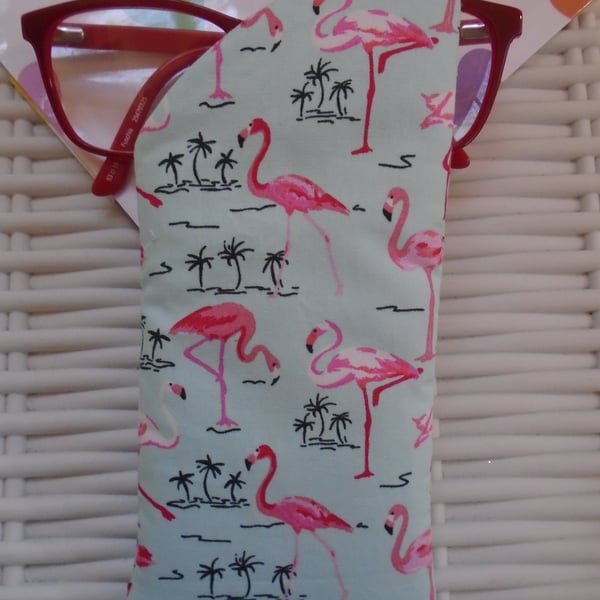 Green Pink Flamingo Glasses Case Lined & Padded 