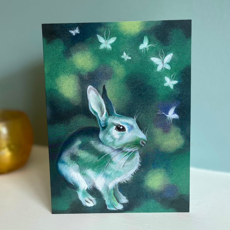 Rabbit with Butterflies greeting card - mystical rabbit, wildlife art card 