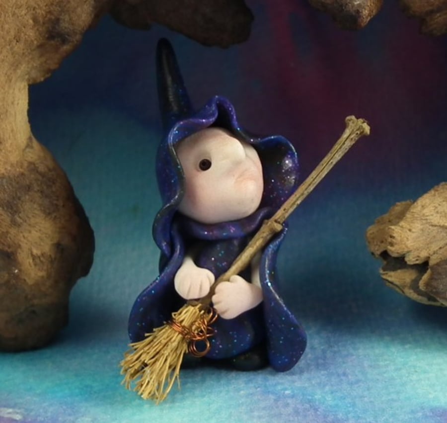Tiny Witch Gnome 'Nesta' with broomstick OOAK Sculpt Ann Galvin