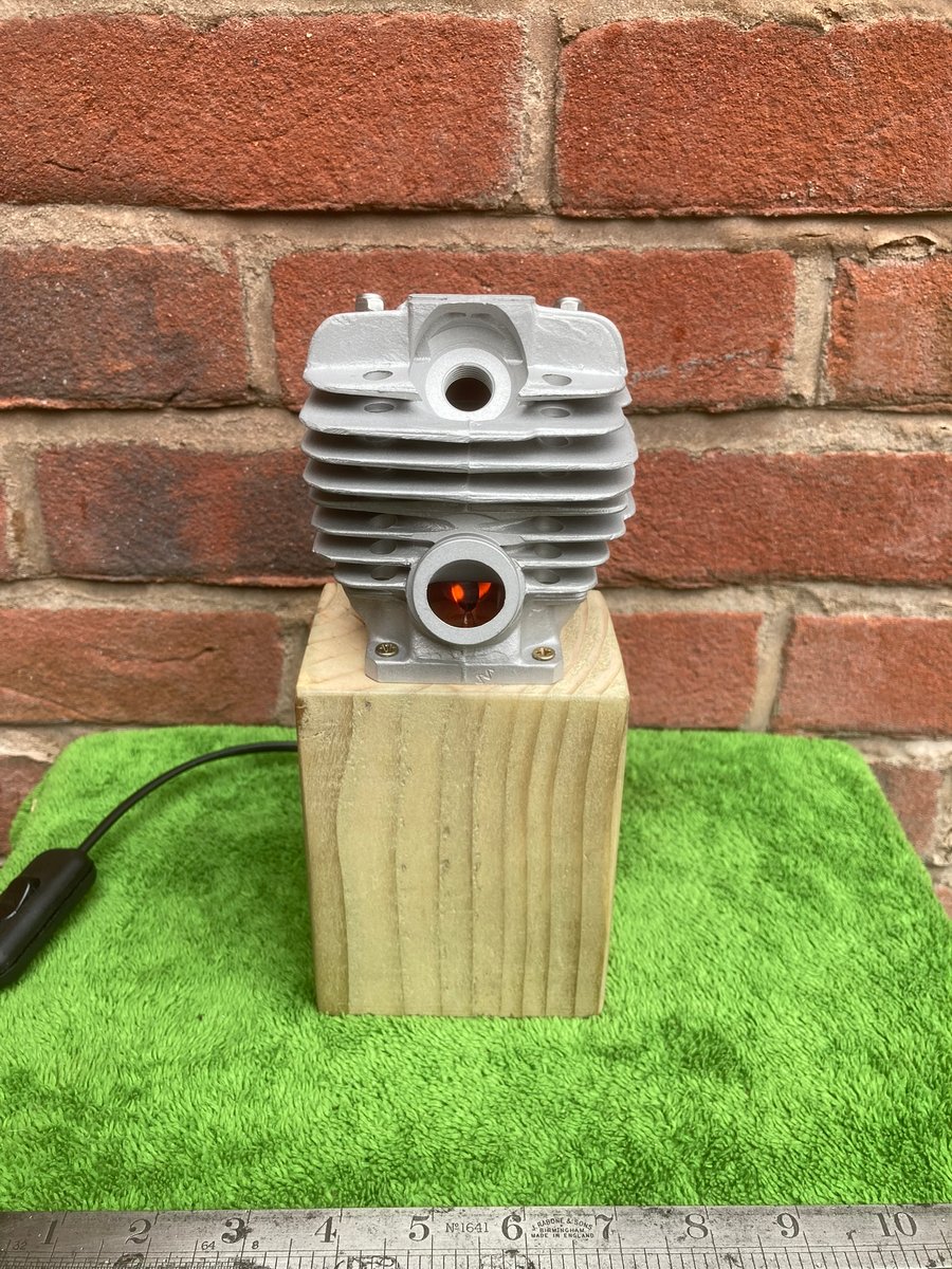 Engine Table Lamp, with Chainsaw Cylinder Lit Internally by Flame Effect Bulb