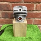 Engine Table Lamp, with Chainsaw Cylinder Lit Internally by Flame Effect Bulb
