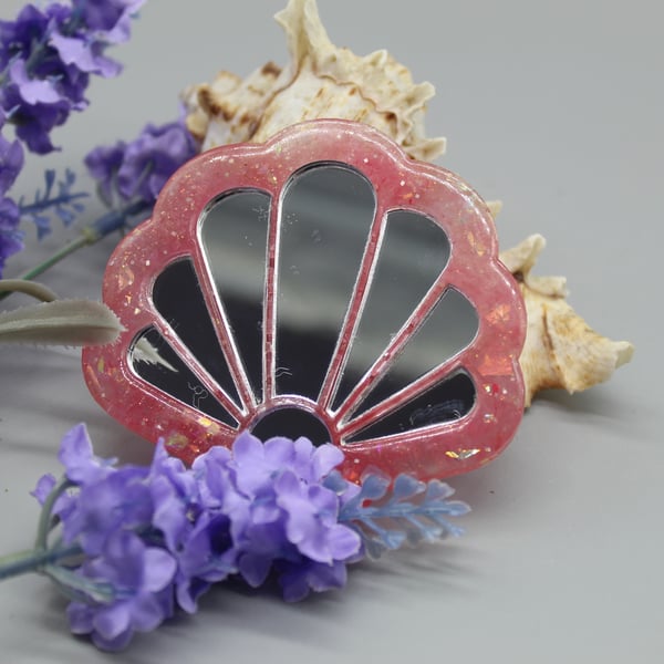 Shell Mirror, Resin Shell Mirror, Resin Compact Mirror, Shell Pocket Mirror, 