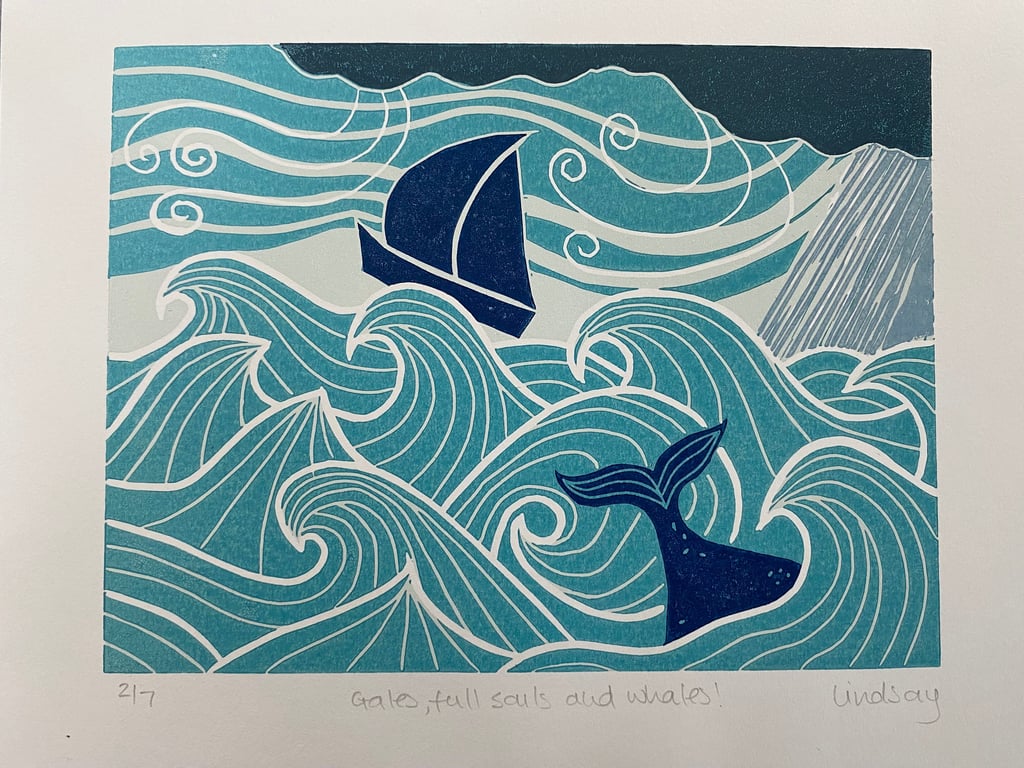 Gales, Full Sails and Whales! - Handmade Limited Edition Lino Print 