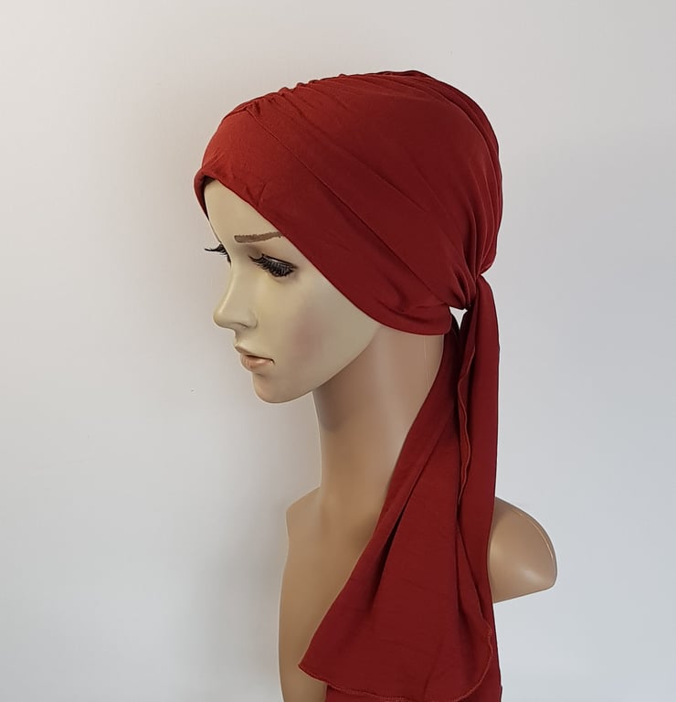 Chemo head wear, turban with ties, dark rust viscose jersey turban hat