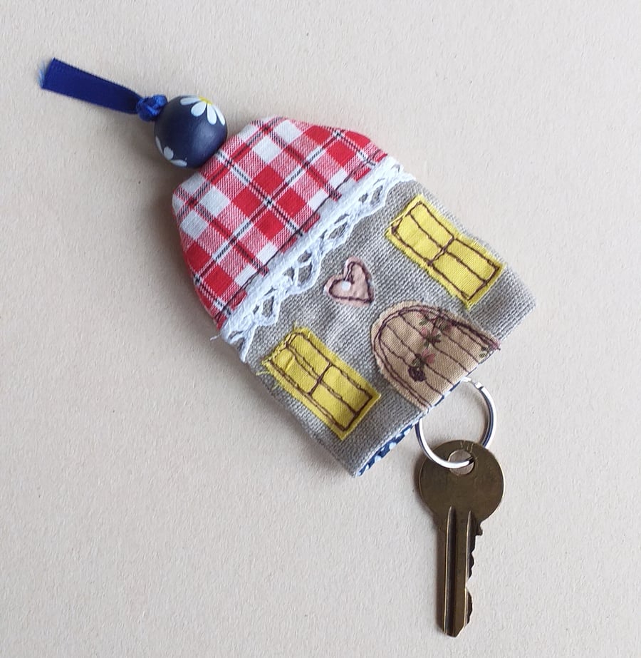 Keyring Pouch in the Shape of a House (Red and Navy)