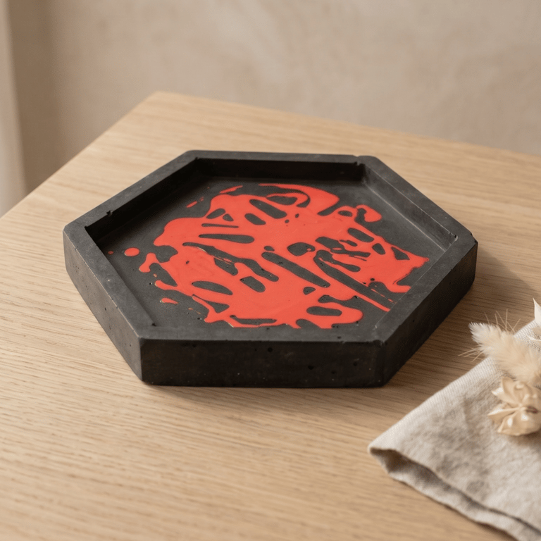 Black and Red Hexagonal Jewellery Tray with Abstract Design