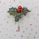 Christmas HOLLY & RED BERRIES Pin Festive Wedding Brooch HAND PAINTED