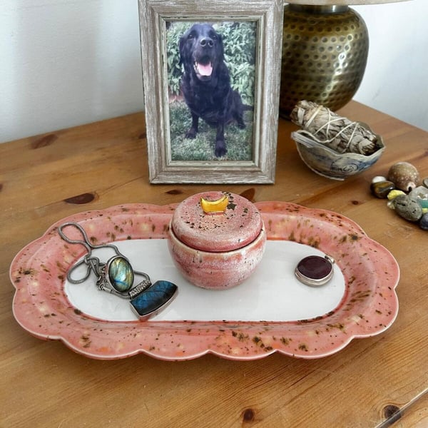 Handmade Ceramic Serving Tray: Pink Mottled Glaze, Scalloped Edge