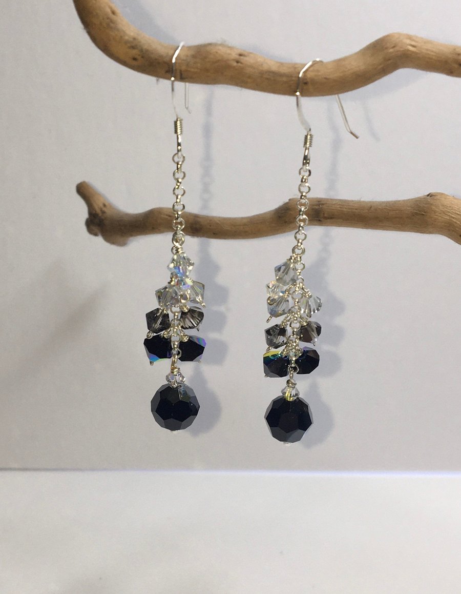 Black agate and Swarovski cluster sterling silver earrings