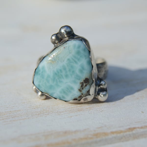 Larimar Sterling Silver Ring Size 7, Blue Stone Rustic Ring
