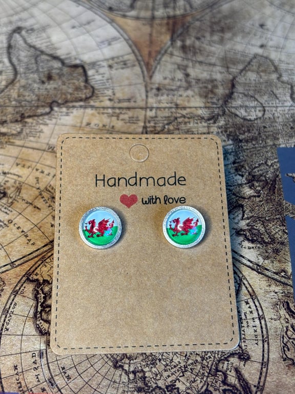 Wales Flag Stud Earrings - Handmade Jewellery - 1cm diameter