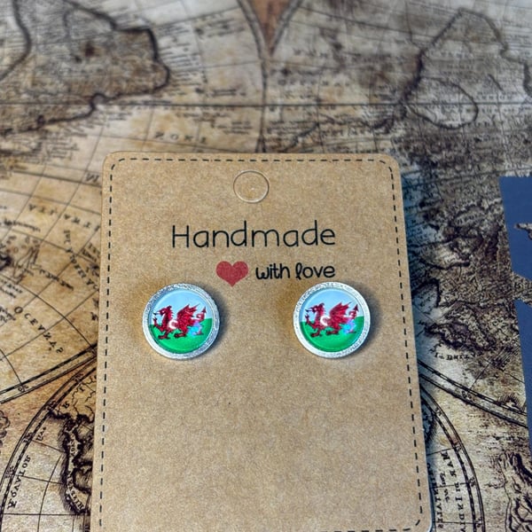 Wales Flag Stud Earrings - Handmade Jewellery - 1cm diameter