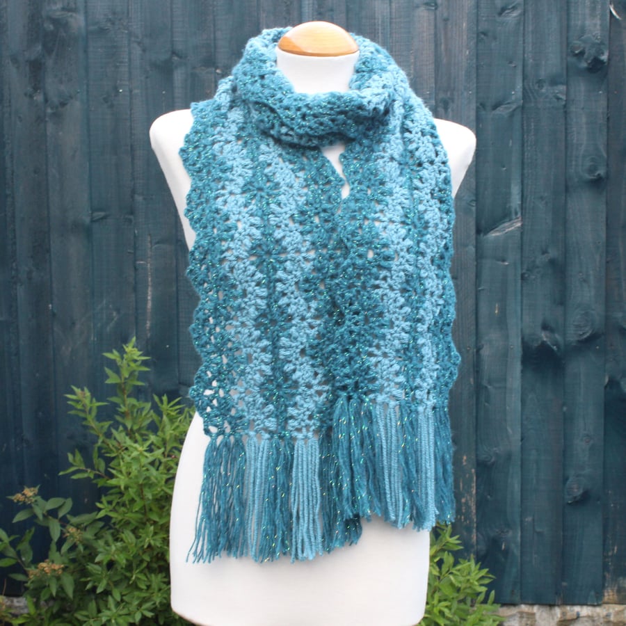 Crochet Stripey Scarf in Sparkly Teal and Storm