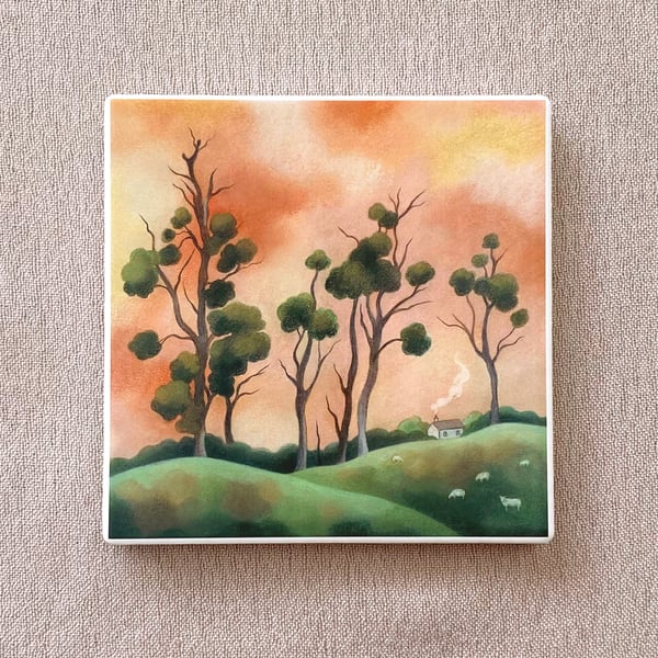 Ceramic coaster - 'Mistletoe Trees' - drinks coaster, landscape art