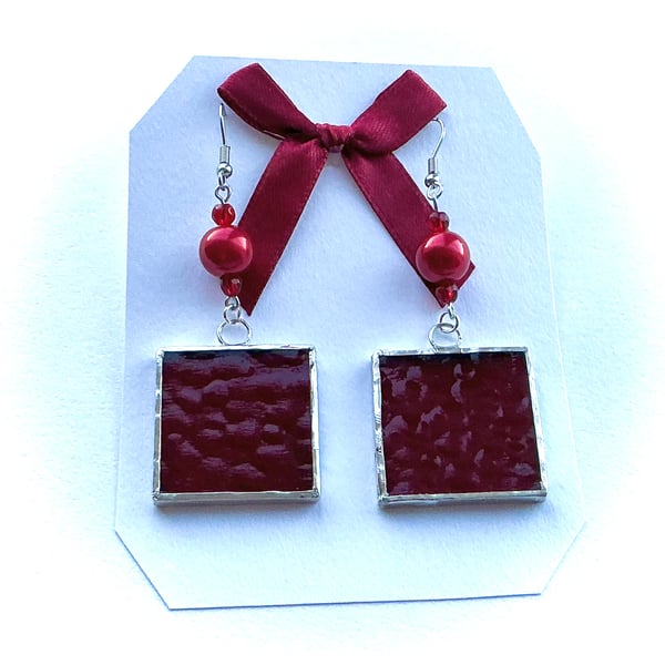 Red Square Stained Glass Earrings (Long & Dangly)