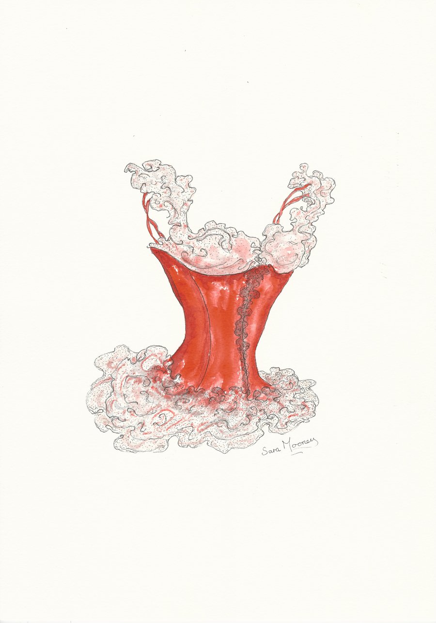 Red corset original watercolour painting with black detail