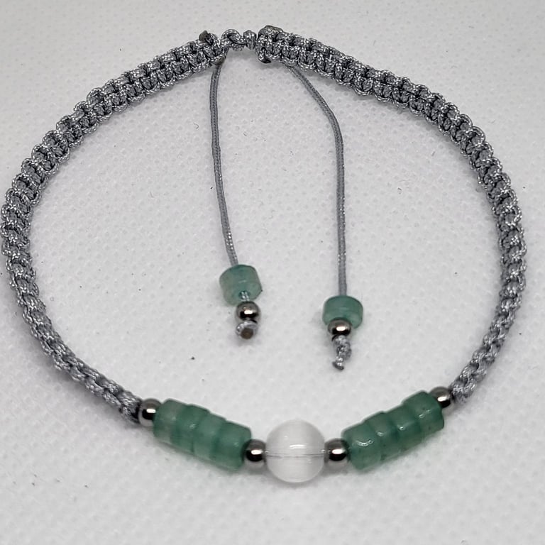 Green Aventurine and White Cats Eye Bracelet Adjustable Silver Cord