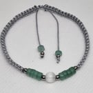 Green Aventurine and White Cats Eye Bracelet Adjustable Silver Cord