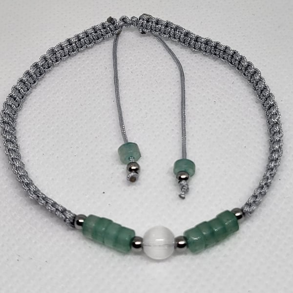 Green Aventurine and White Cats Eye Bracelet Adjustable Silver Cord