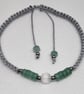 Green Aventurine and White Cats Eye Bracelet Adjustable Silver Cord