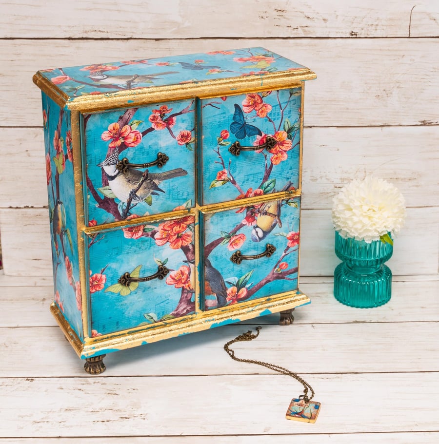 Large Cherry Blossom Jewellery Armoire,  Mini Chest of Drawers, Jewellery Box, 