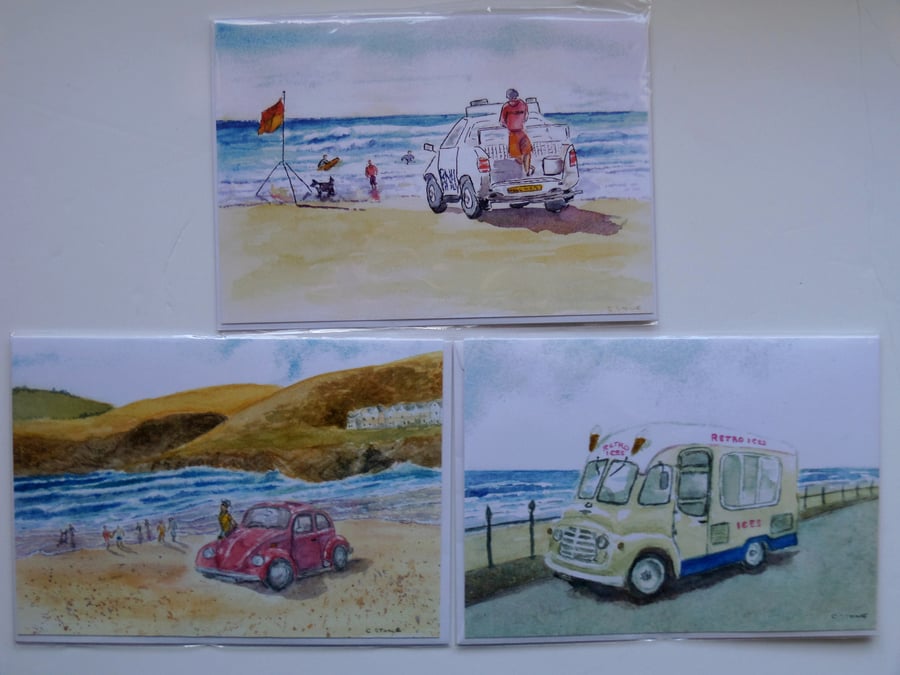 Seaside pack of three blank greetings cards lifeguard beetle car ice cream van