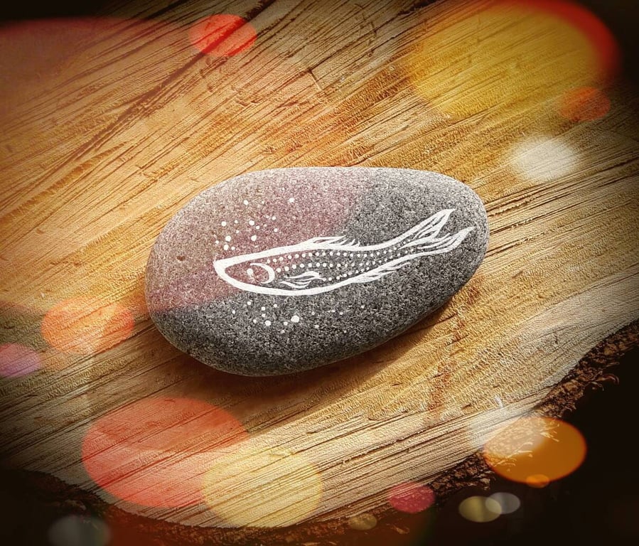 Salmon Painted Stone - Cute whimsical fish rock art home decor