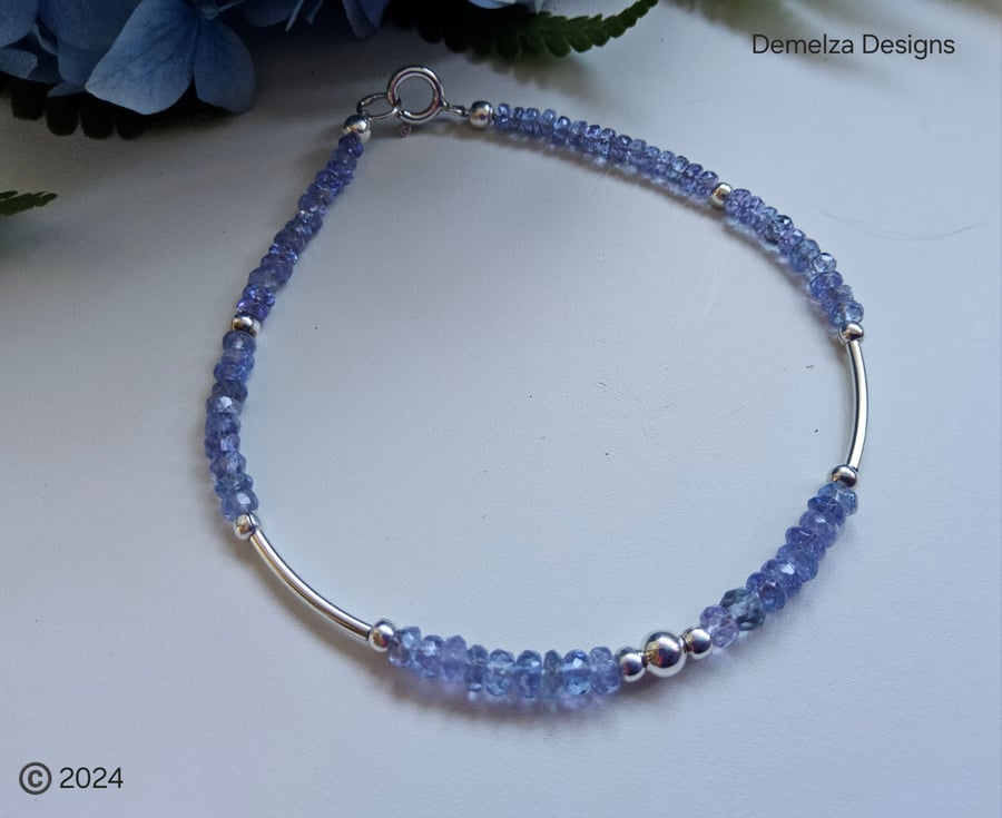 Dainty Tanzanite AA Grade Sterling Silver Noodle Style Bracelet