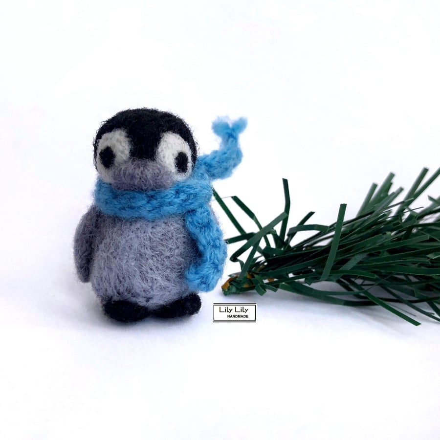 SOLD Penguin (blue scarf) needle felted by Lily Lily Handmade