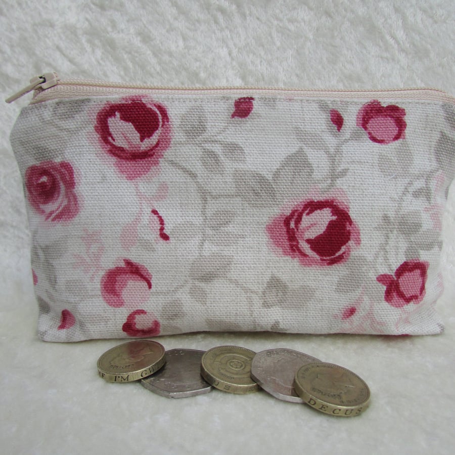 Large purse, coin purse - cream with pink roses
