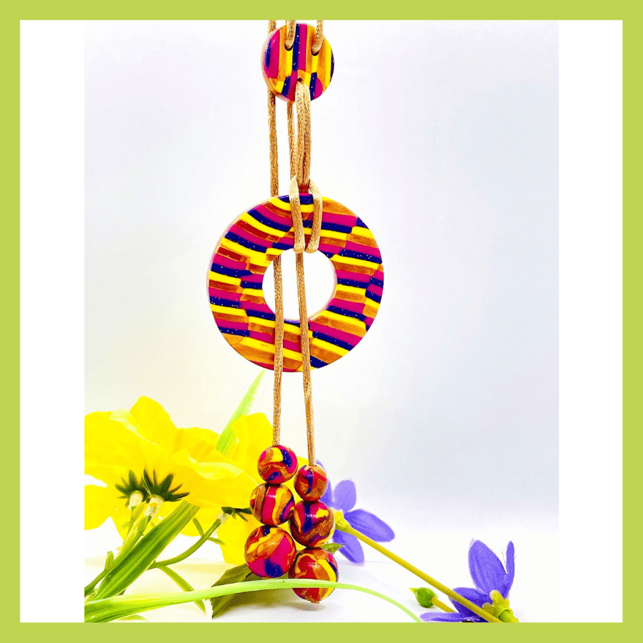 Gold, Hot Pink, Purple & Yellow Striped Polymer Clay Lariat Necklace 