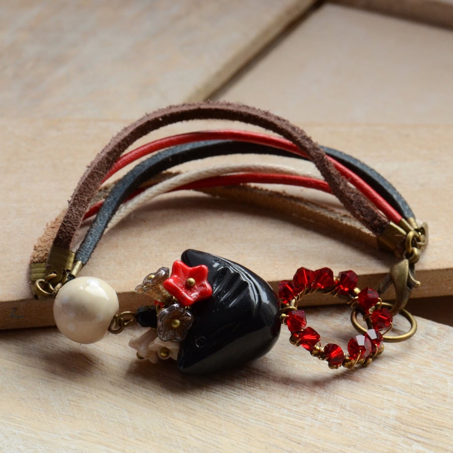 Black Ceramic Bird Bracelet with Red Swarovski Crystal, Flower Cluster 