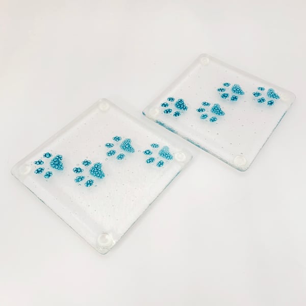 Boxed Set of 2 Fused Glass Coasters - Bubbly Pawprints Design