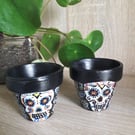A pair of small terracotta plant pots handpainted with sugar skulls.  