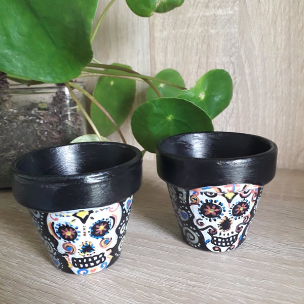 A pair of small terracotta plant pots handpainted with sugar skulls.  