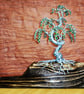 Aluminium Wire Bonsai Sculpture – Charred Wood Base, Green Foliage - Image 1
