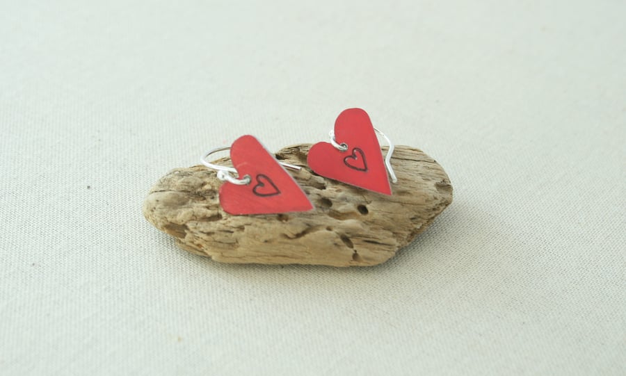 Red Aluminium Folk Heart Dangly Earrings,Heart Motif