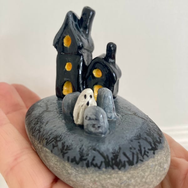 Haunted House On A Hill & Graveyard Spooky Rock Art Halloween Gift Decor