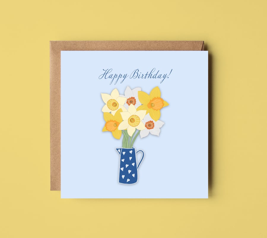 Happy Birthday Daffodil Card, Daffodils in jug, Spring, Daffodil Birthday Card