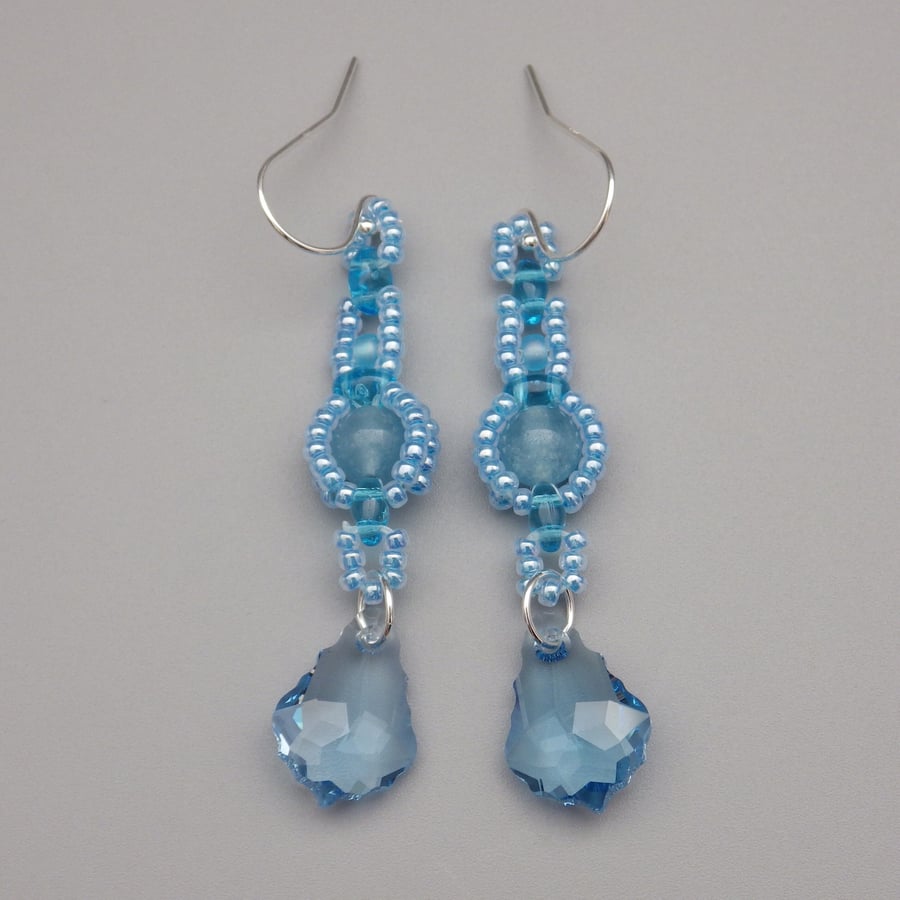Baby blue beadwoven blue sponge quartz and baroque crystal drop earrings 