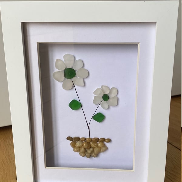 Sea Glass & Pebble Artwork, Sea Glass Flower Frame, Unique Sea Glass Frame, Sea 