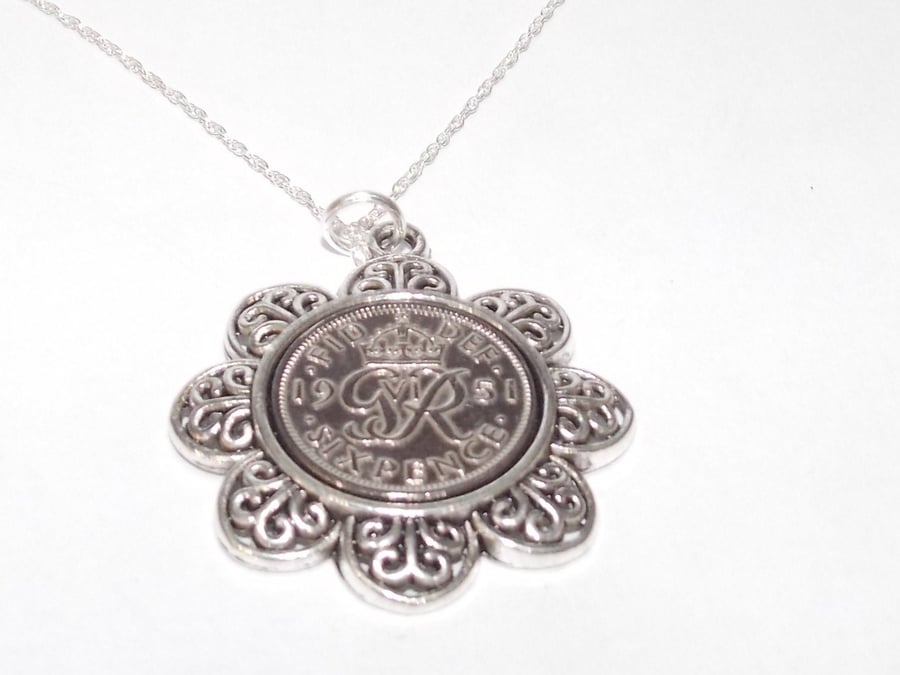 Floral Pendant 1951 Lucky sixpence 69th Birthday plus a Sterling Silver 18in Cha